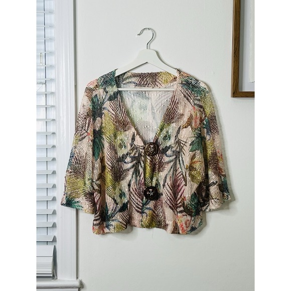 Soft Surroundings Tropical Leaf Pink Open Mesh-Weave Cropped‎ Cardigan Sweater L - Picture 1 of 7